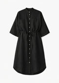 Belted Band-Collar Linen Midi Shirt Dress in Black — flat lay