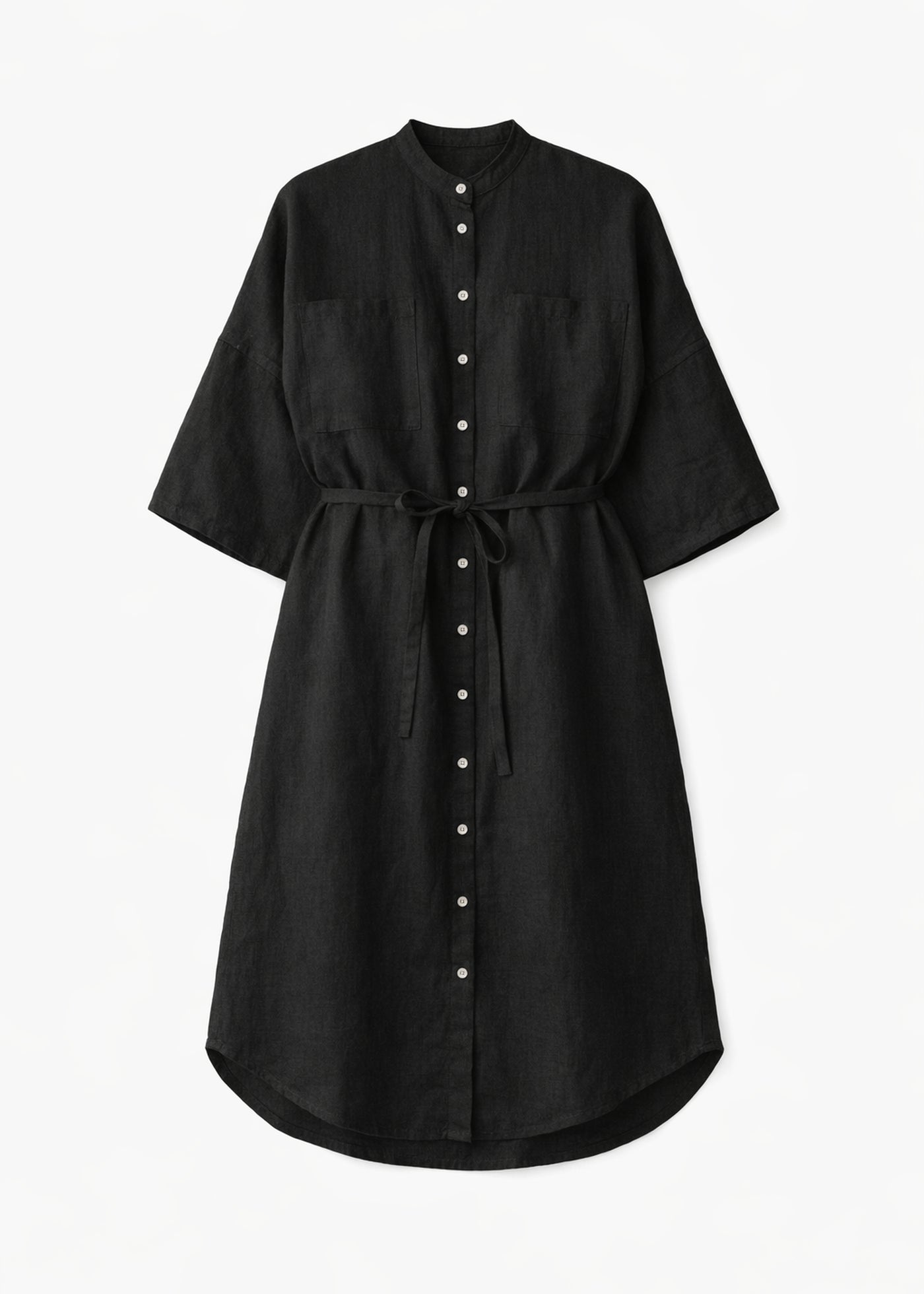 Belted Band-Collar Linen Midi Shirt Dress in Black — flat lay