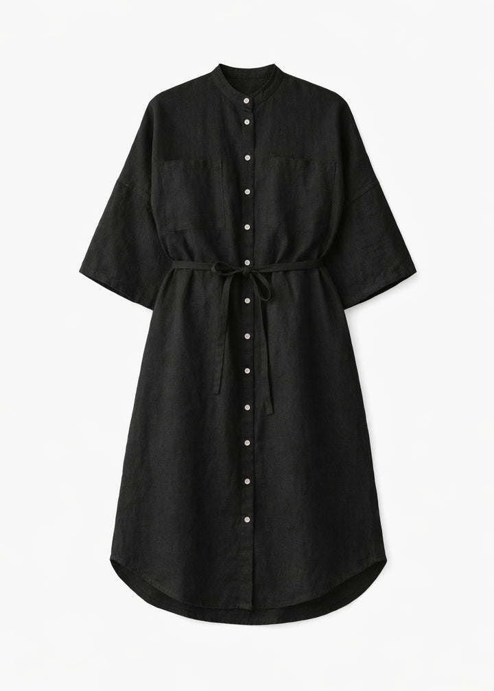 Belted Band-Collar Linen Midi Shirt Dress in Black — flat lay