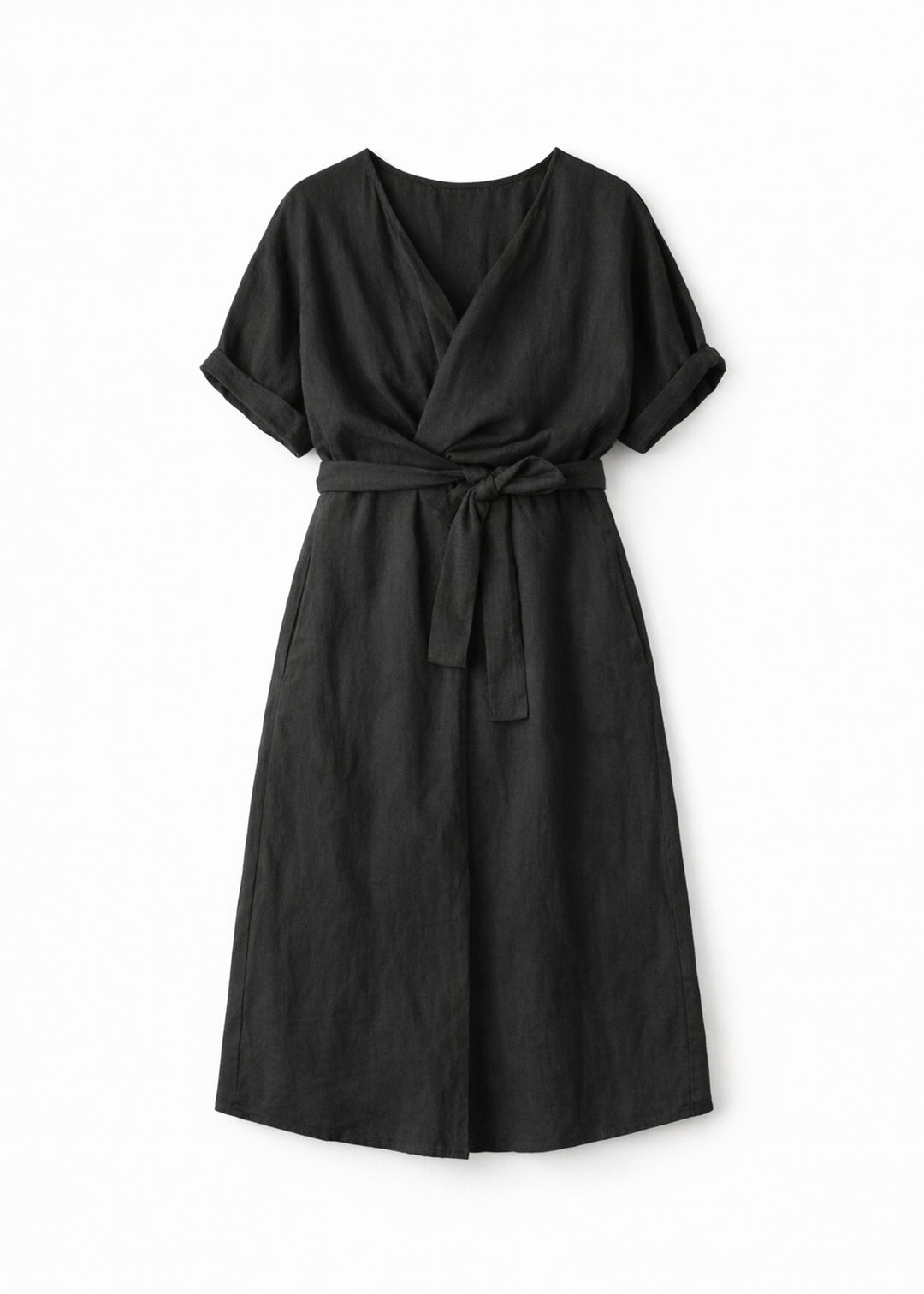 Reversible Twist-Front/Back Linen Dress in Black — flat lay