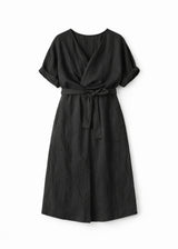 Reversible Twist-Front/Back Linen Dress in Black — flat lay