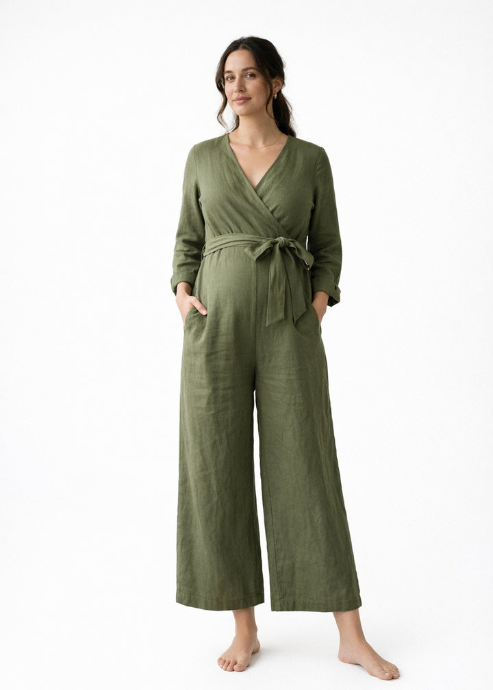 Wrap-Front Wide-Leg Nursing Linen Jumpsuit in Linen in Olive — on model