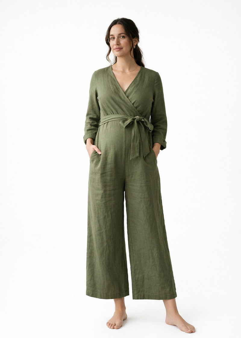 Wrap-Front Wide-Leg Nursing Linen Jumpsuit in Linen in Olive — on model