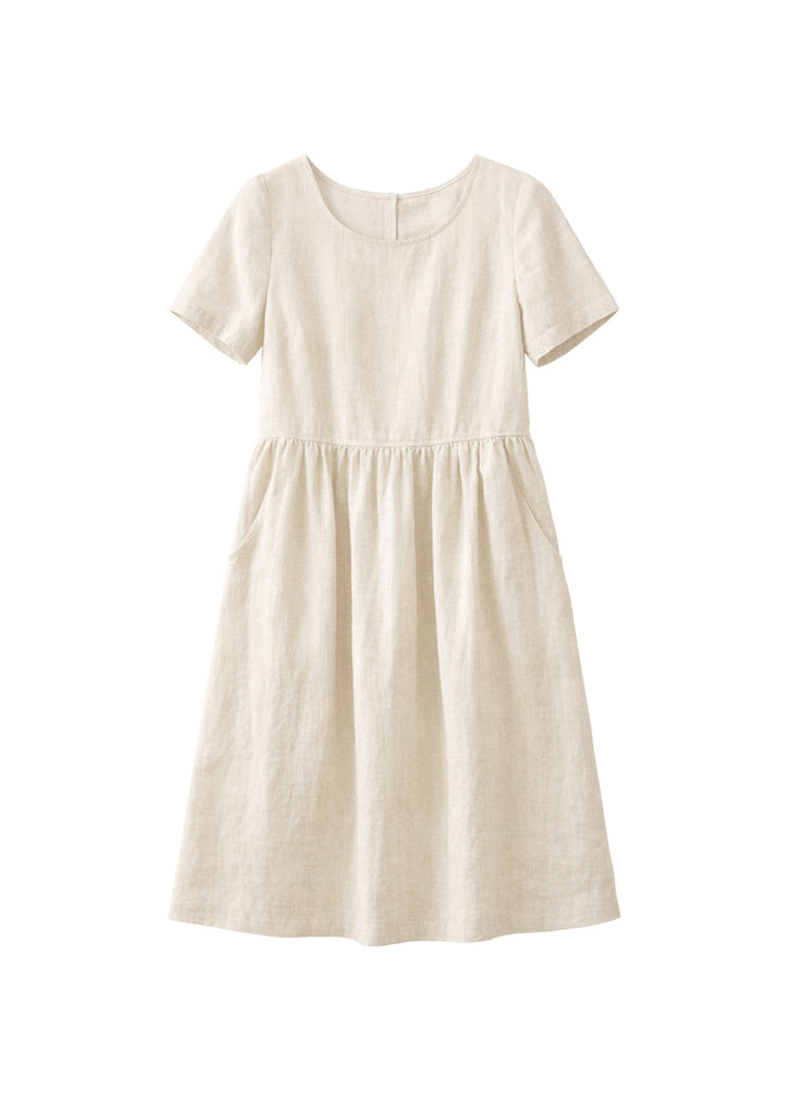Short-Sleeve Gathered-Waist Linen Midi Dress in Linen in Natural — flat lay