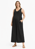 Wide-Leg Linen Maternity Jumpsuit in Linen in Black — on model