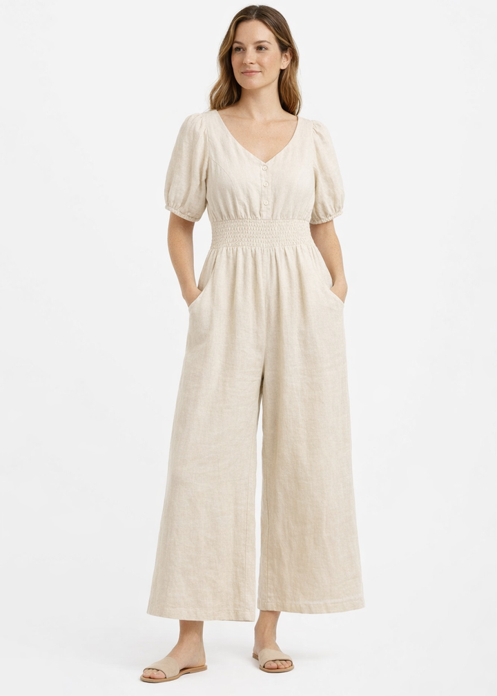 Smocked-Waist Wide-Leg Linen Jumpsuit in Linen in Natural — on model
