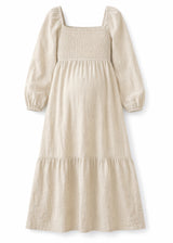 Long-Sleeve Smocked-Bodice Linen Midi Dress in Linen in Natural — flat lay