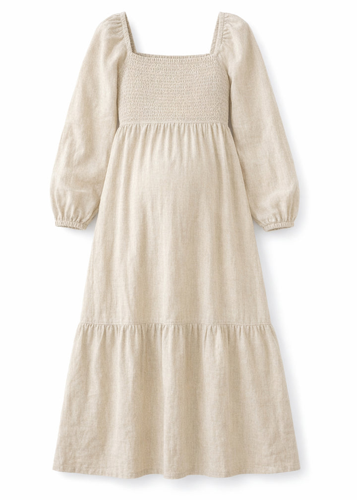 Long-Sleeve Smocked-Bodice Linen Midi Dress in Linen in Natural — flat lay