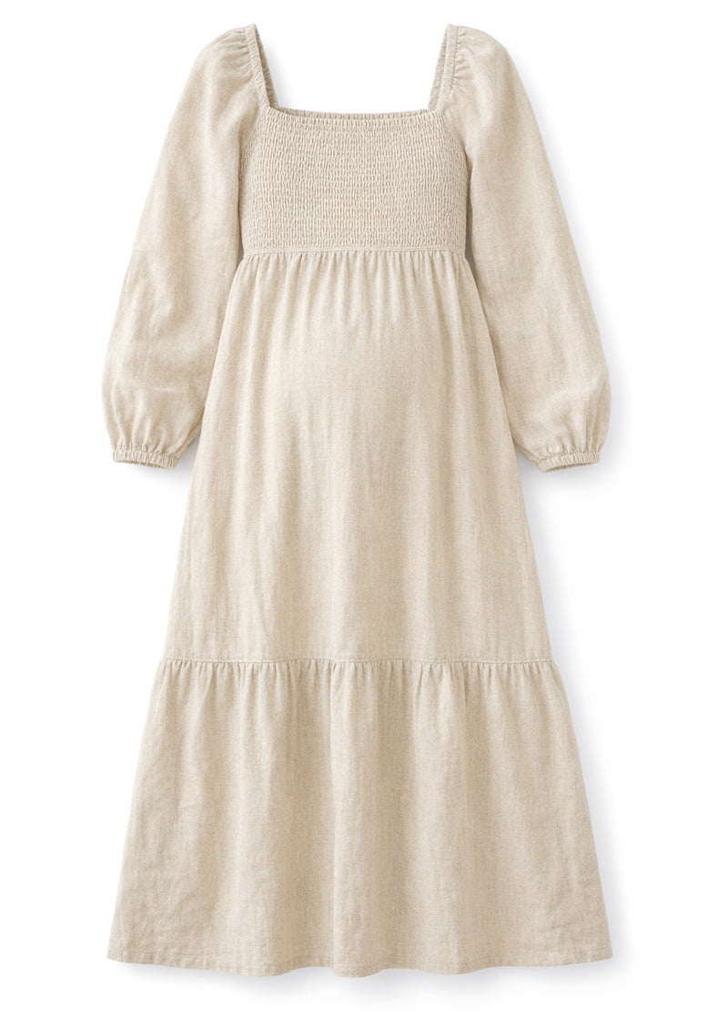 Long-Sleeve Smocked-Bodice Linen Midi Dress in Linen in Natural — flat lay