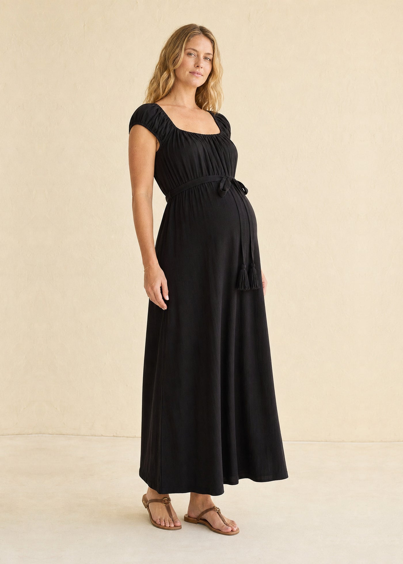 Smocked Bodice Maxi Dress in Cotton in Black — on model