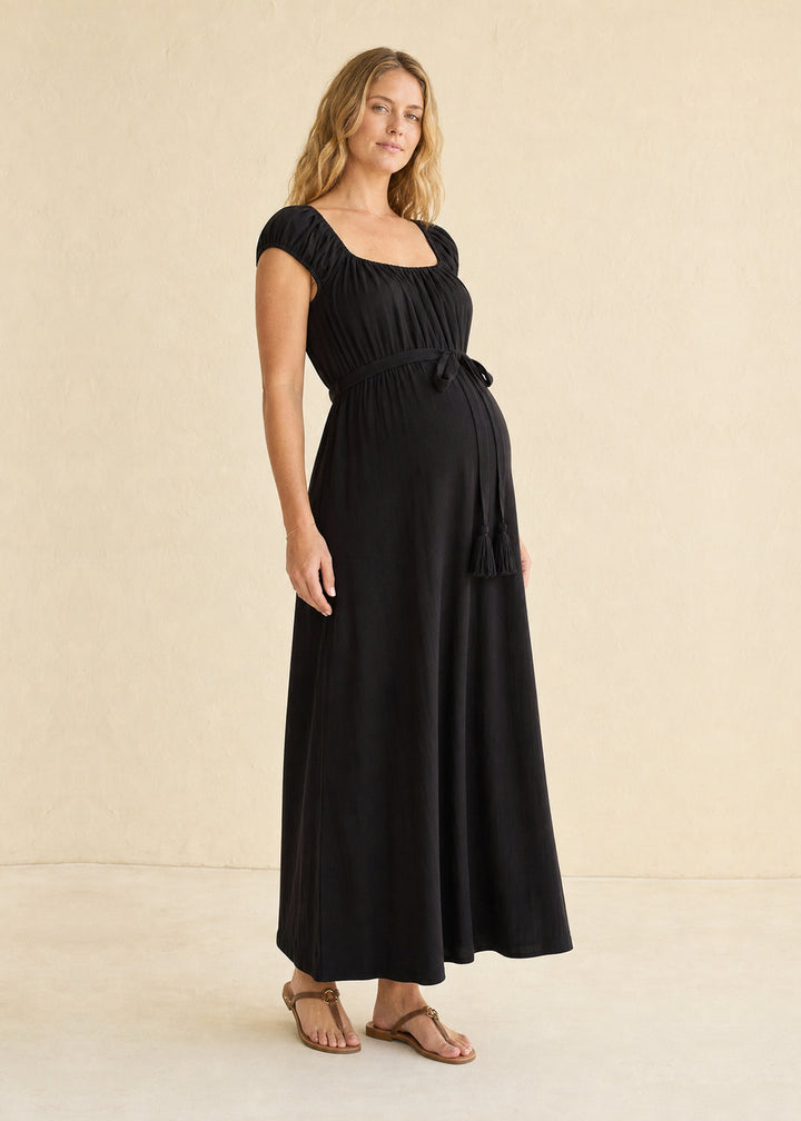 Smocked Bodice Maxi Dress in Cotton in Black — on model