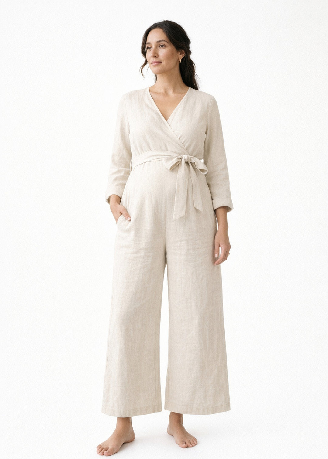Wrap-Front Wide-Leg Nursing Linen Jumpsuit in Linen in Natural — on model