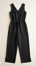 Linen Maternity & Nursing Jumpsuit in Black — flat lay