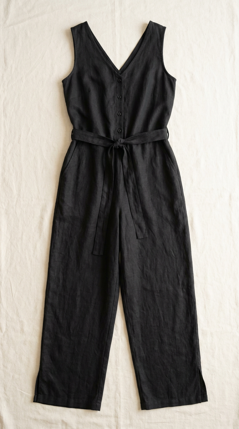 Linen Maternity & Nursing Jumpsuit in Black — flat lay