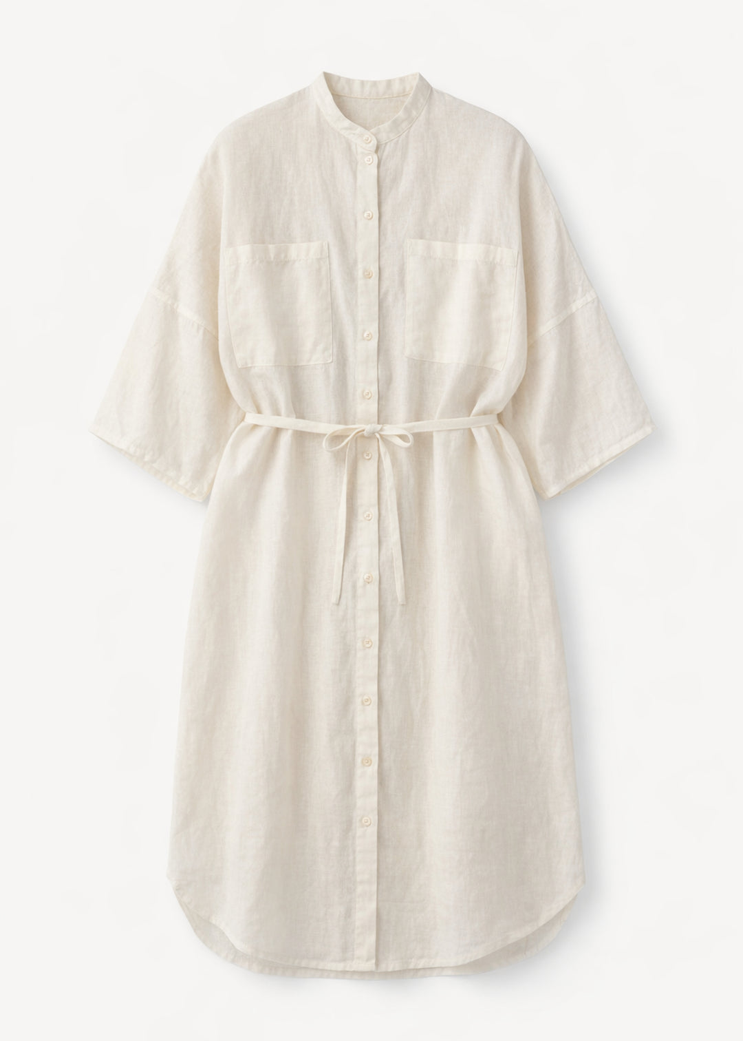 Belted Band-Collar Linen Midi Shirt Dress in Natural — flat lay