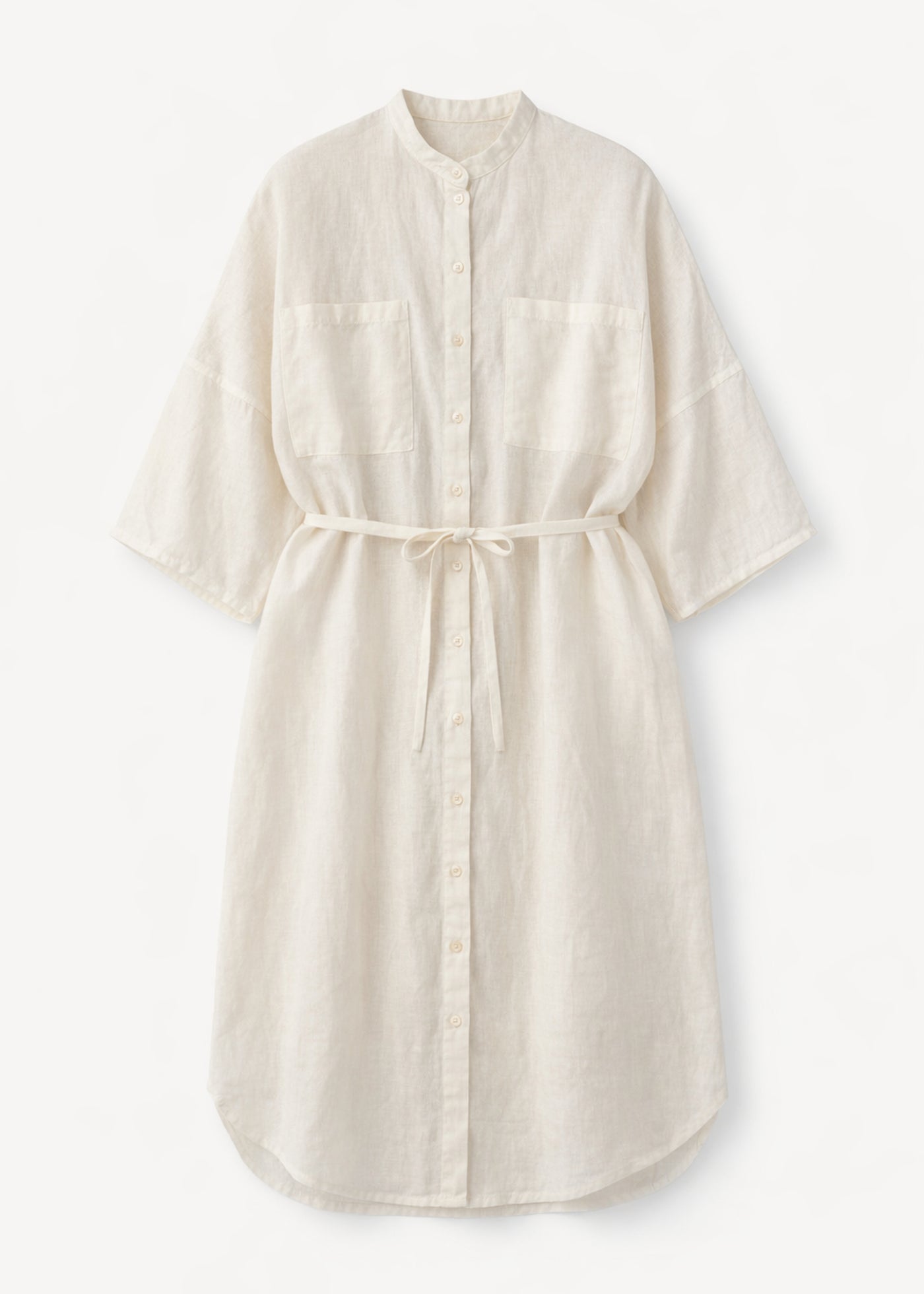 Belted Band-Collar Linen Midi Shirt Dress in Natural — flat lay