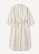 Belted Band-Collar Linen Midi Shirt Dress in Natural — flat lay
