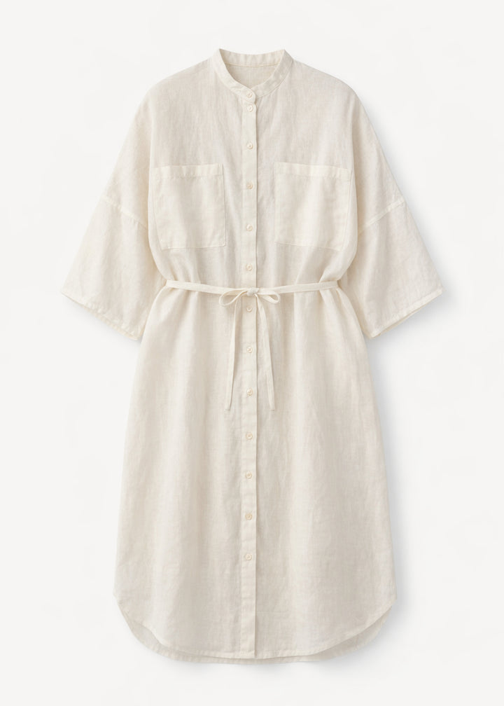 Belted Band-Collar Linen Midi Shirt Dress in Natural — flat lay