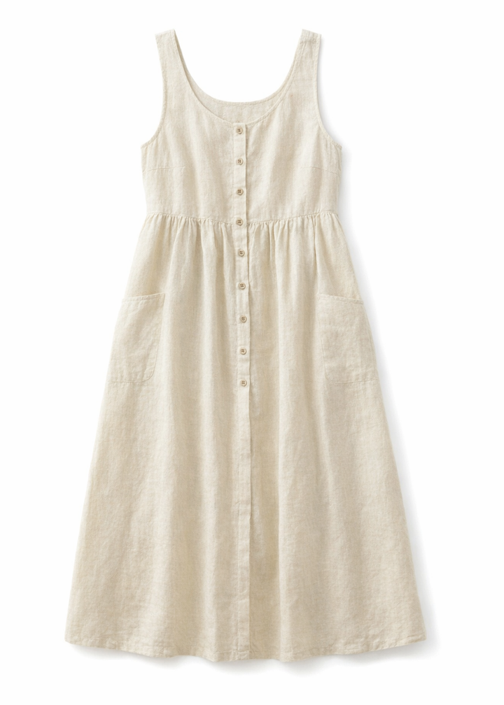 Cap-Sleeve Tiered Linen Maternity Maxi Dress in Linen in Natural — flat lay