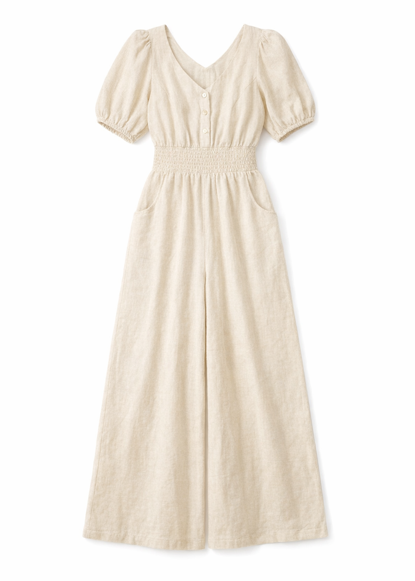 Smocked-Waist Wide-Leg Linen Jumpsuit in Linen in Natural — flat lay