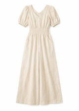 Smocked-Waist Wide-Leg Linen Jumpsuit in Linen in Natural — flat lay