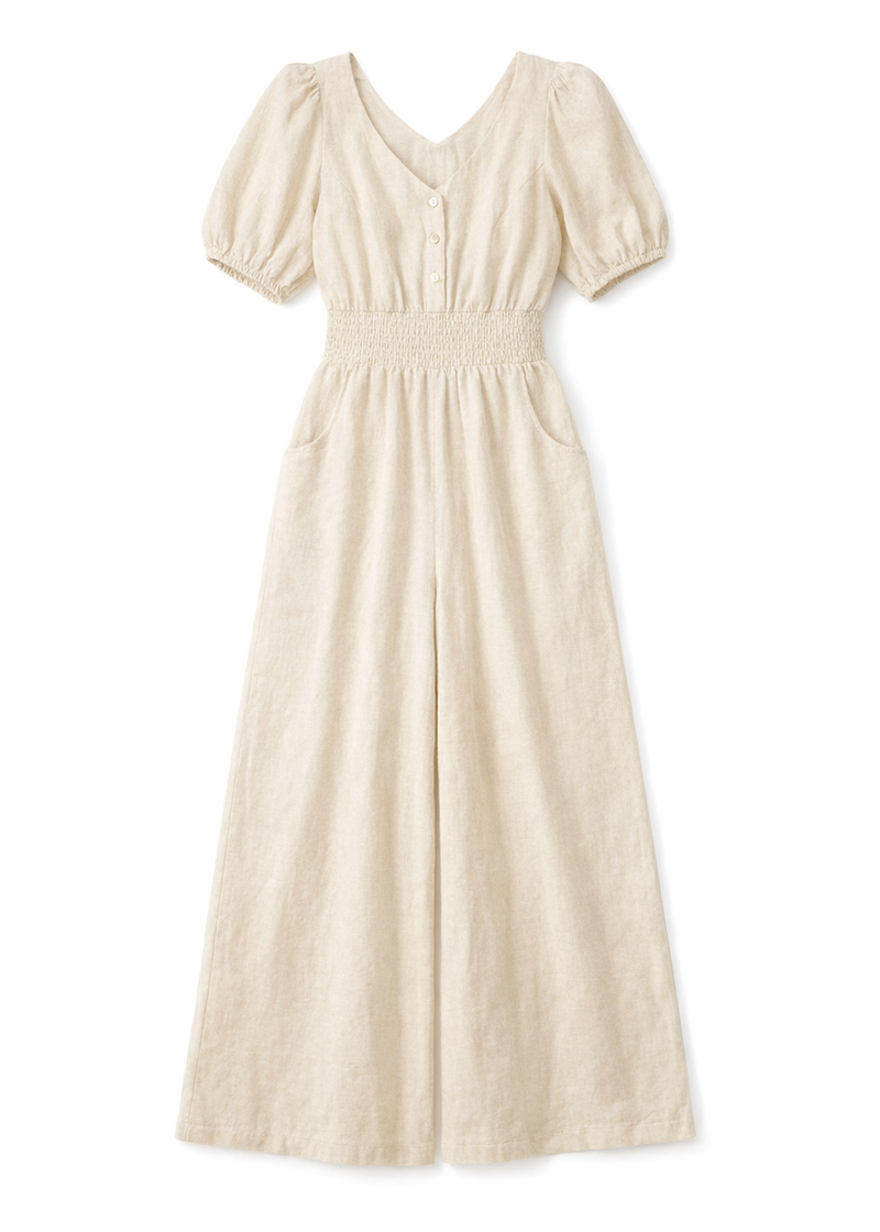 Smocked-Waist Wide-Leg Linen Jumpsuit in Linen in Natural — flat lay