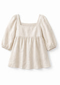 Puff-Sleeve Square-Neck Shirred-Back Floral Linen Blouse in Linen in Natural — flat lay