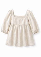 Puff-Sleeve Square-Neck Shirred-Back Floral Linen Blouse in Linen in Natural — flat lay