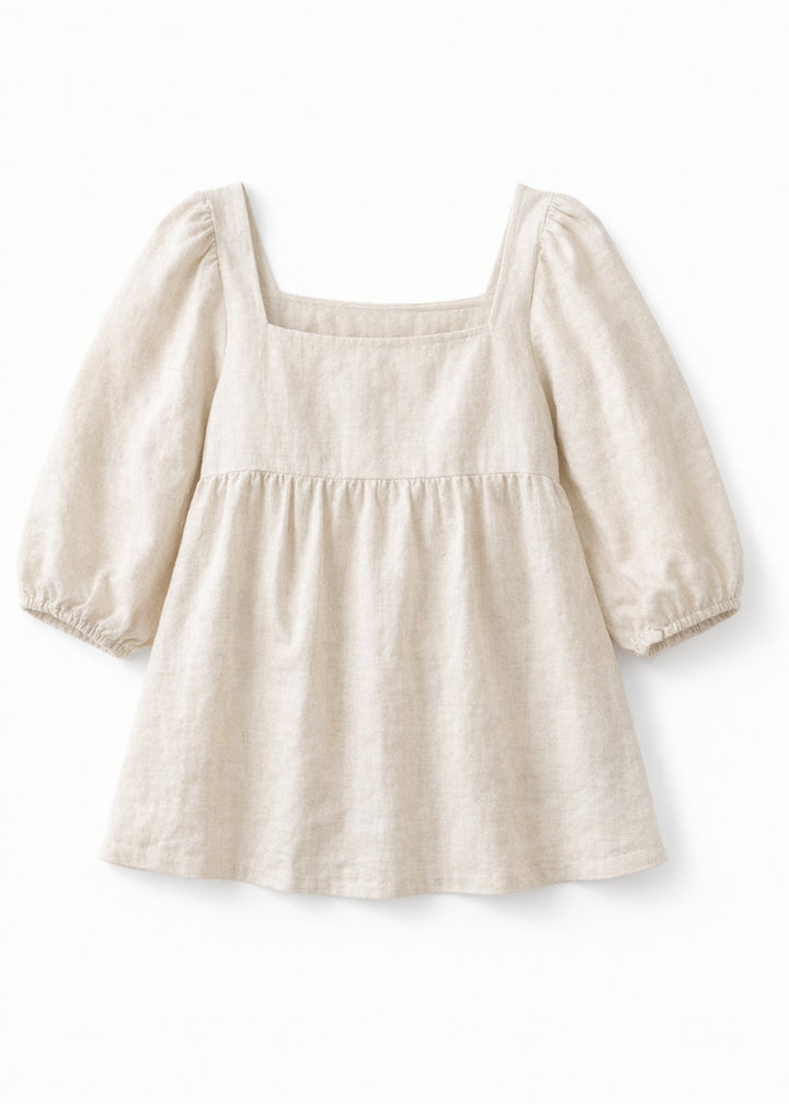 Puff-Sleeve Square-Neck Shirred-Back Floral Linen Blouse in Linen in Natural — flat lay