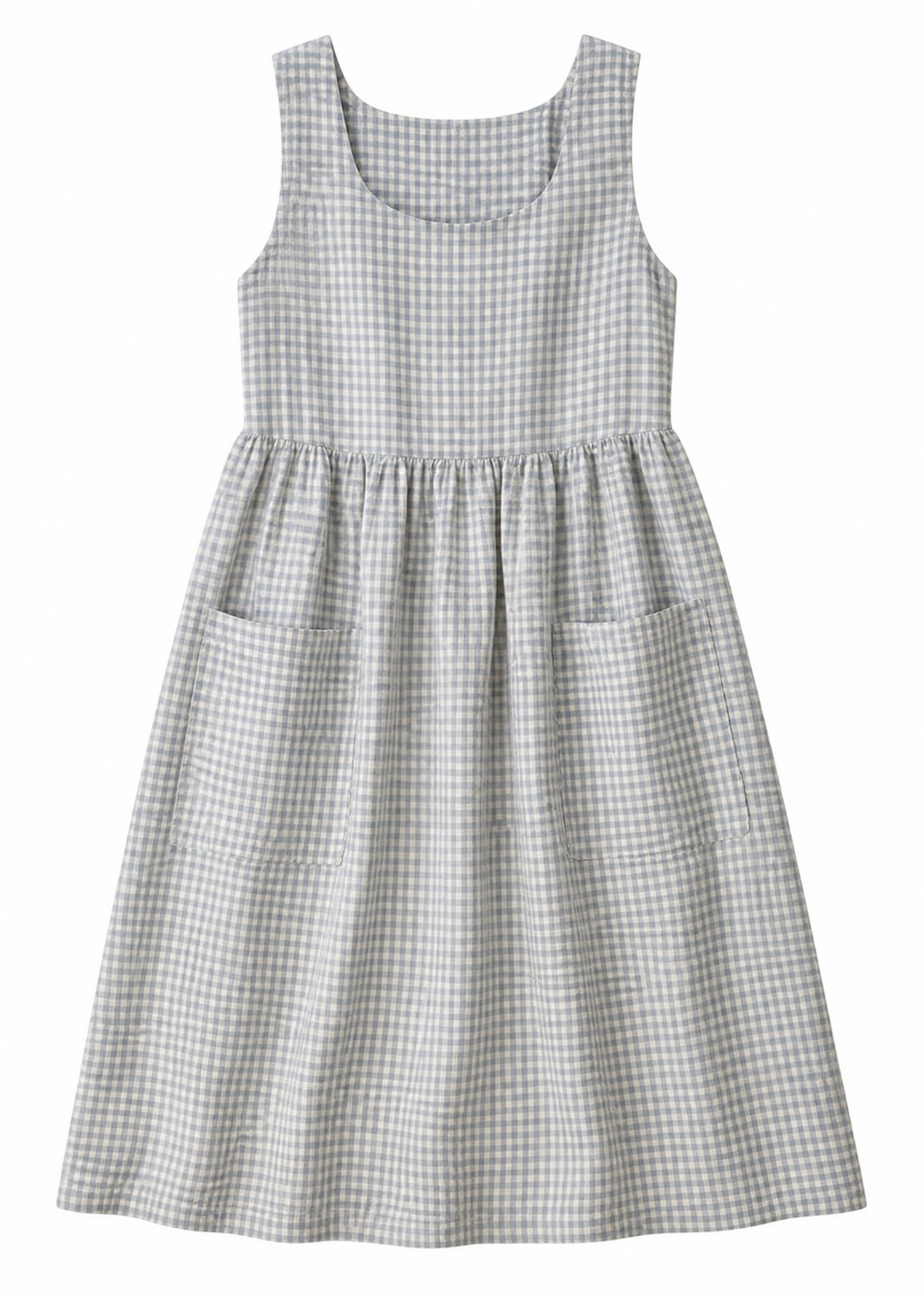 Linen Pinafore Midi Dress with Patch Pockets in Linen in Blue Gingham — flat lay