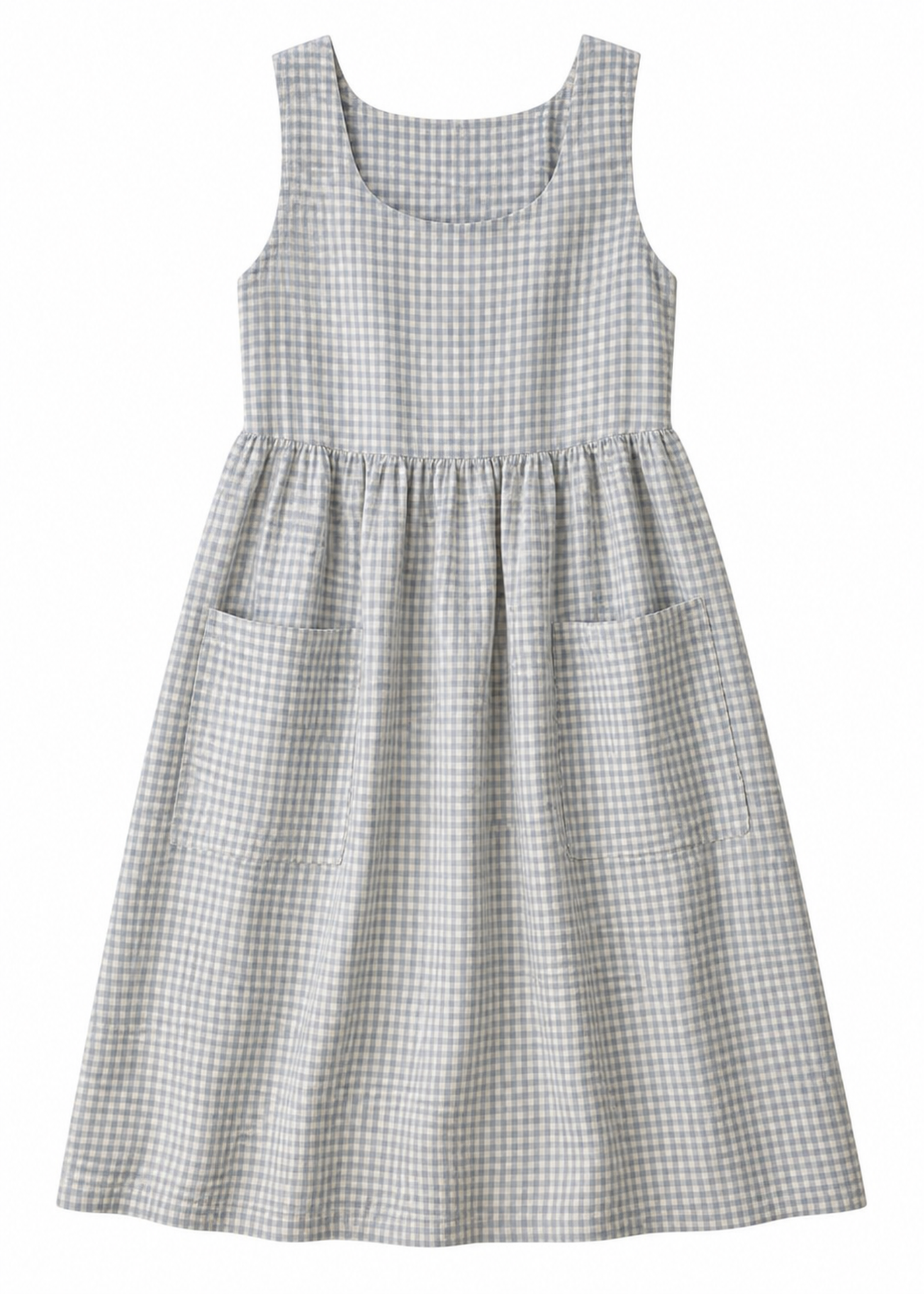 Linen Pinafore Midi Dress with Patch Pockets in Linen in Blue Gingham — flat lay