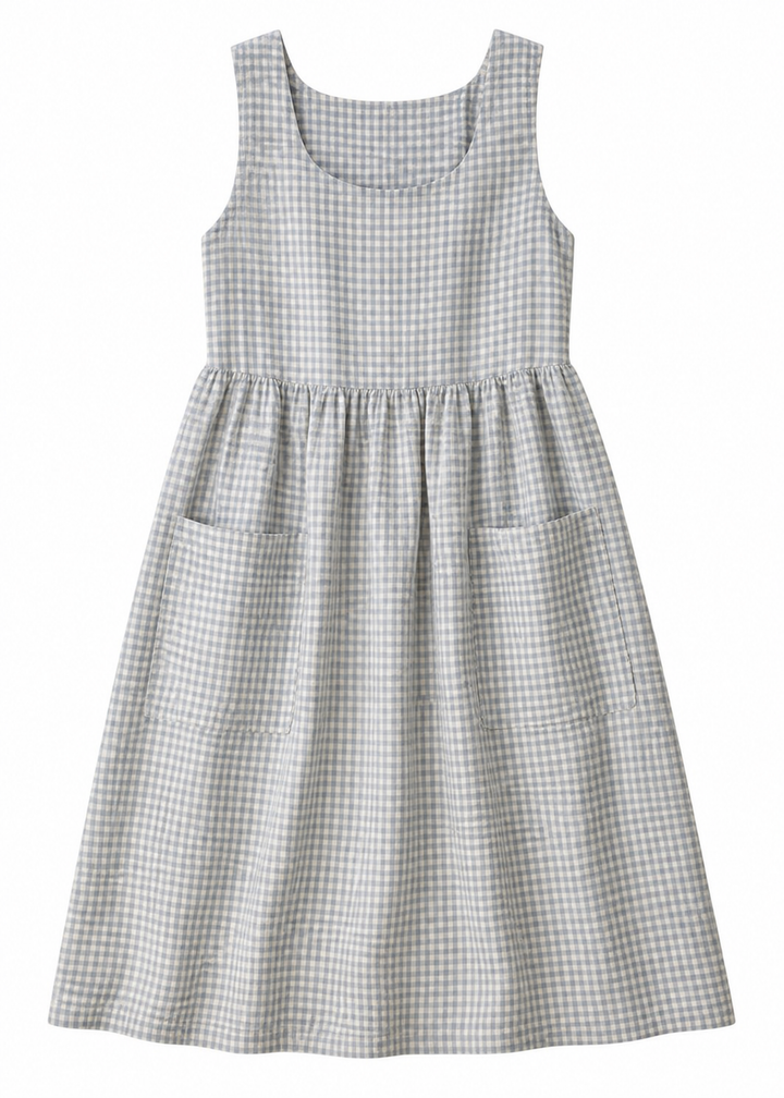 Linen Pinafore Midi Dress with Patch Pockets in Linen in Blue Gingham — flat lay