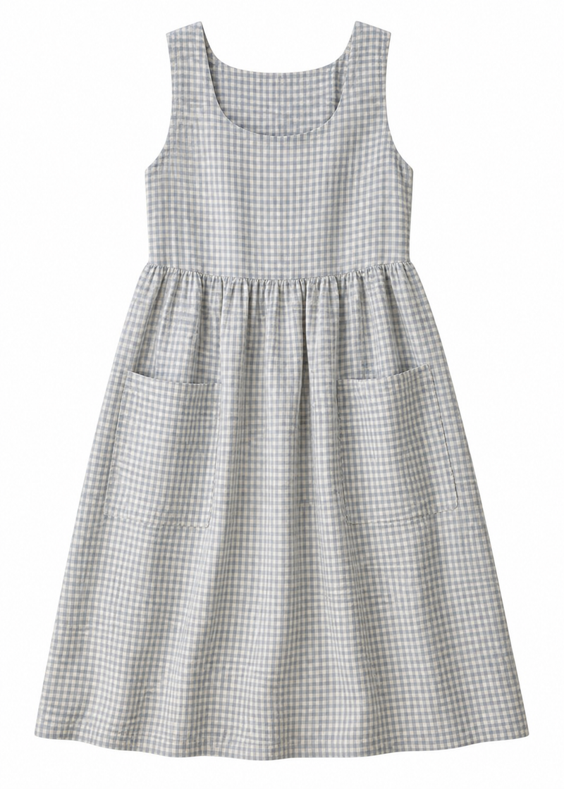 Linen Pinafore Midi Dress with Patch Pockets in Linen in Blue Gingham — flat lay