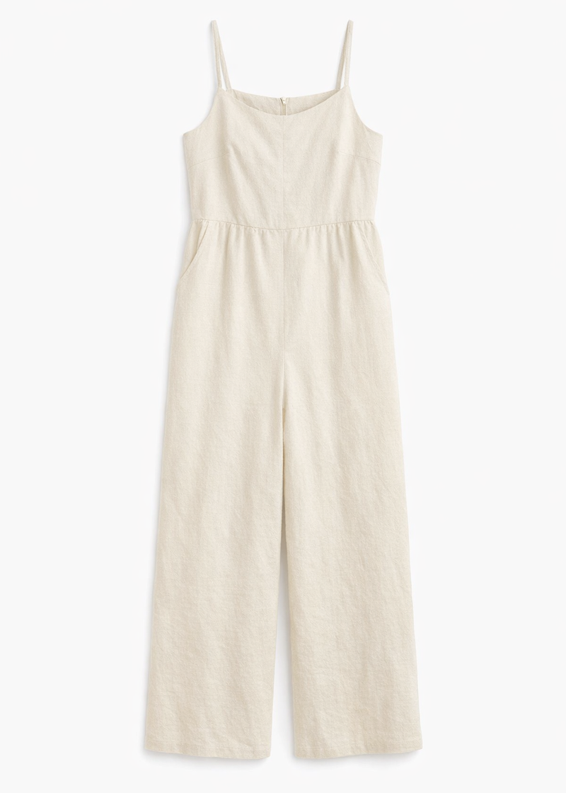 Tie-Strap Wide-Leg Linen Jumpsuit in Linen in Natural — flat lay