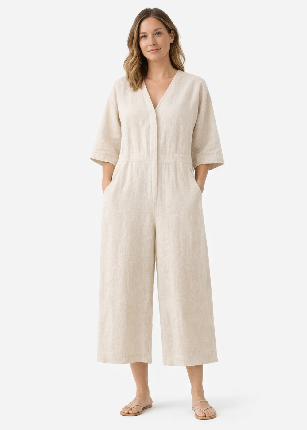 Button-Front Wide-Leg Linen Jumpsuit in Linen in Natural — on model