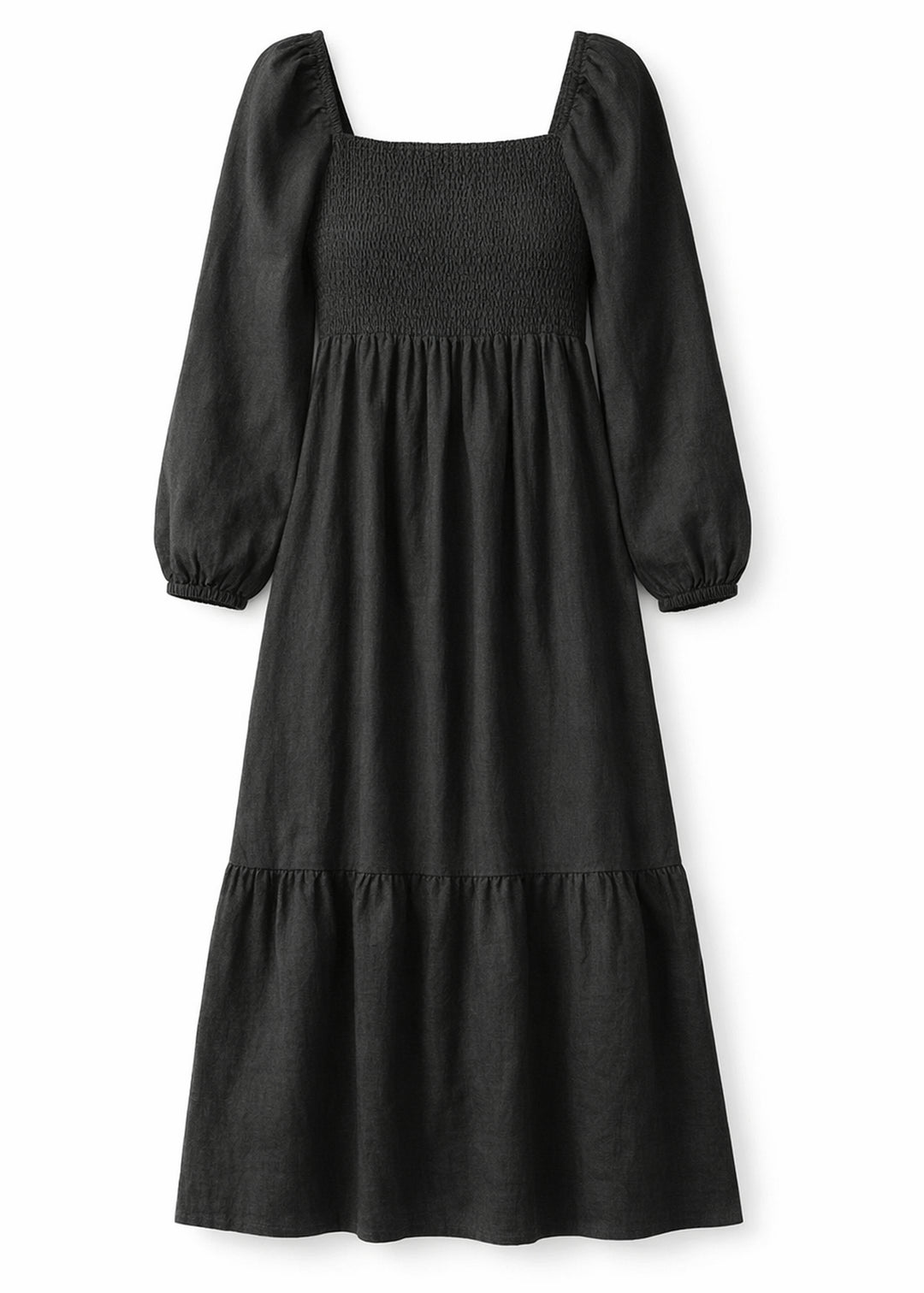 Long-Sleeve Smocked-Bodice Linen Midi Dress in Linen in Black — flat lay