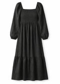 Long-Sleeve Smocked-Bodice Linen Midi Dress in Linen in Black — flat lay