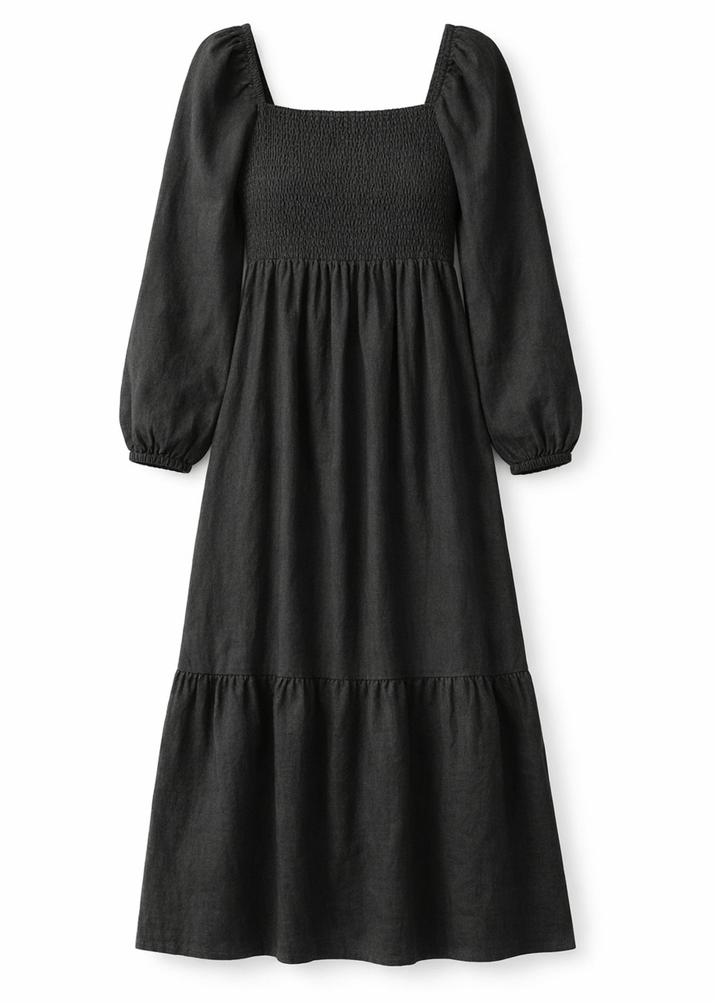 Long-Sleeve Smocked-Bodice Linen Midi Dress in Linen in Black — flat lay