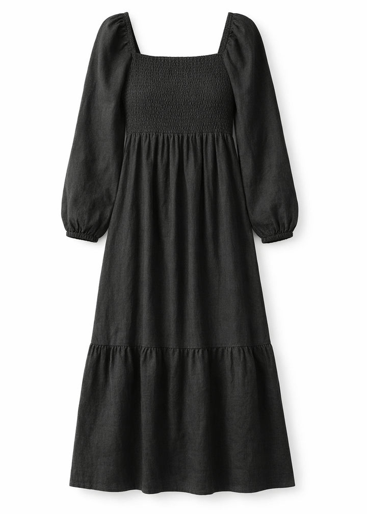 Long-Sleeve Smocked-Bodice Linen Midi Dress in Linen in Black — flat lay