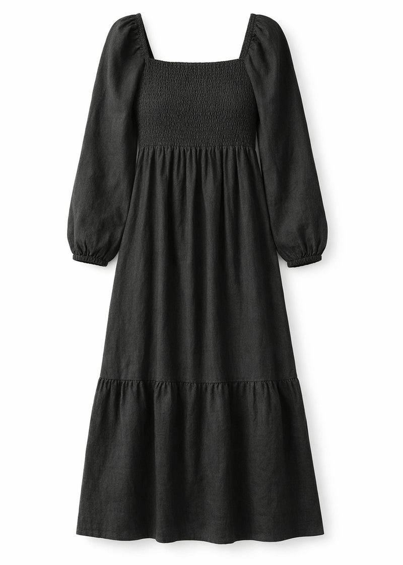 Long-Sleeve Smocked-Bodice Linen Midi Dress in Linen in Black — flat lay