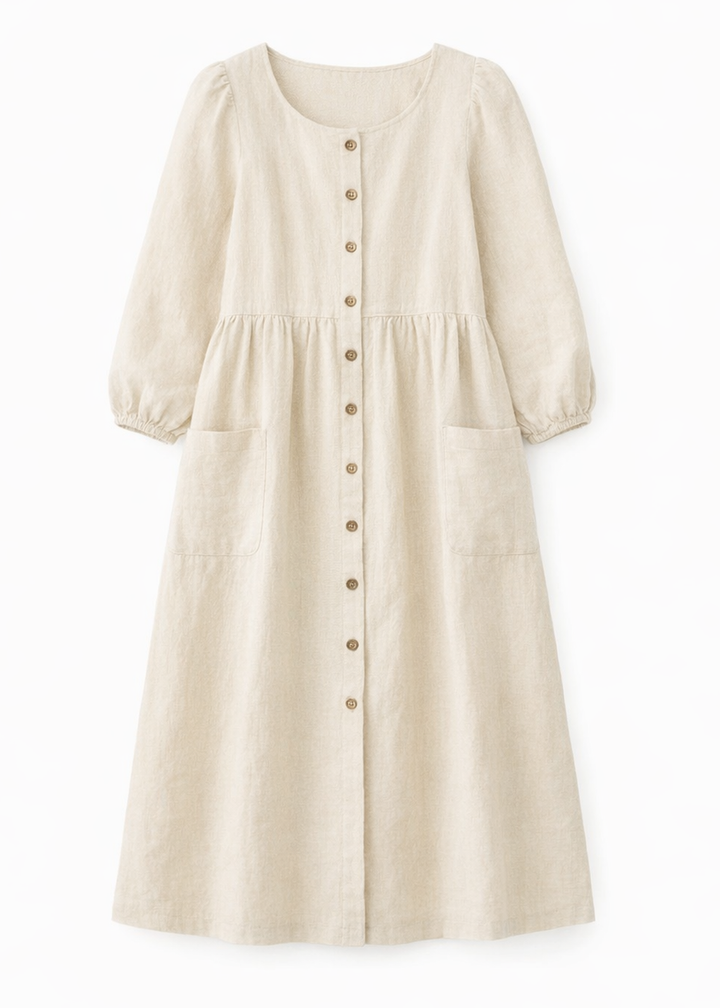 Sleeveless Button-Front Linen Midi Dress in Linen in Natural — flat lay
