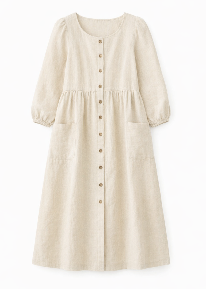 Sleeveless Button-Front Linen Midi Dress in Linen in Natural — flat lay