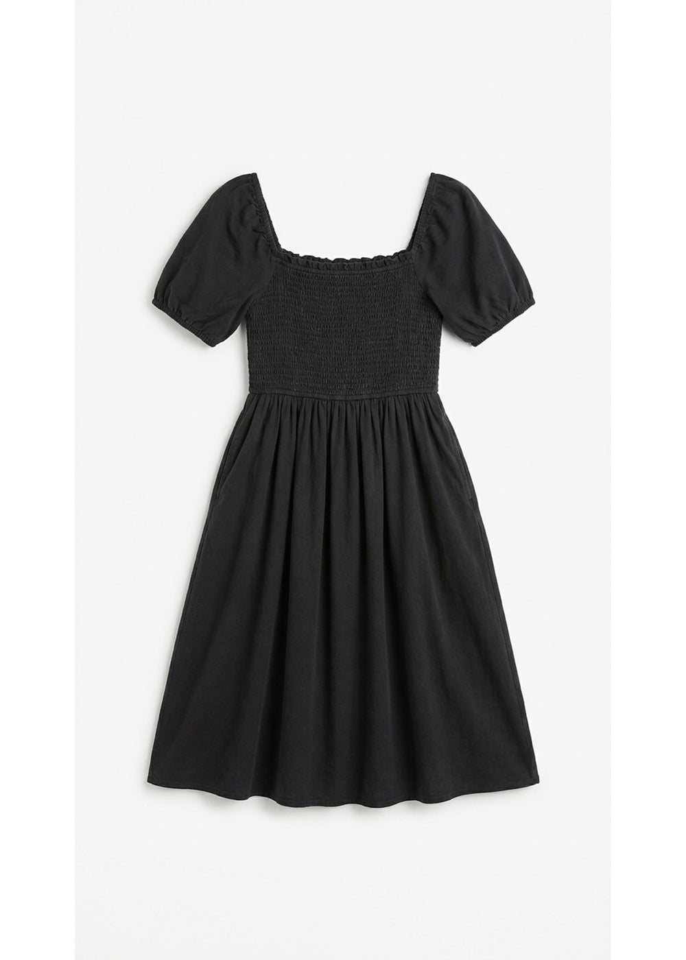 Smocked Short Sleeve Maternity Midi Dress in Cotton/Linen in Black — flat lay