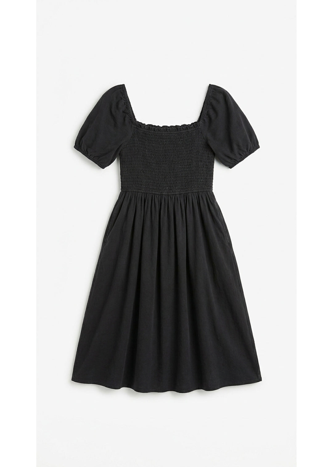 Smocked Short Sleeve Maternity Midi Dress in Cotton/Linen in Black — flat lay