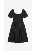 Smocked Short Sleeve Maternity Midi Dress in Cotton/Linen in Black — flat lay