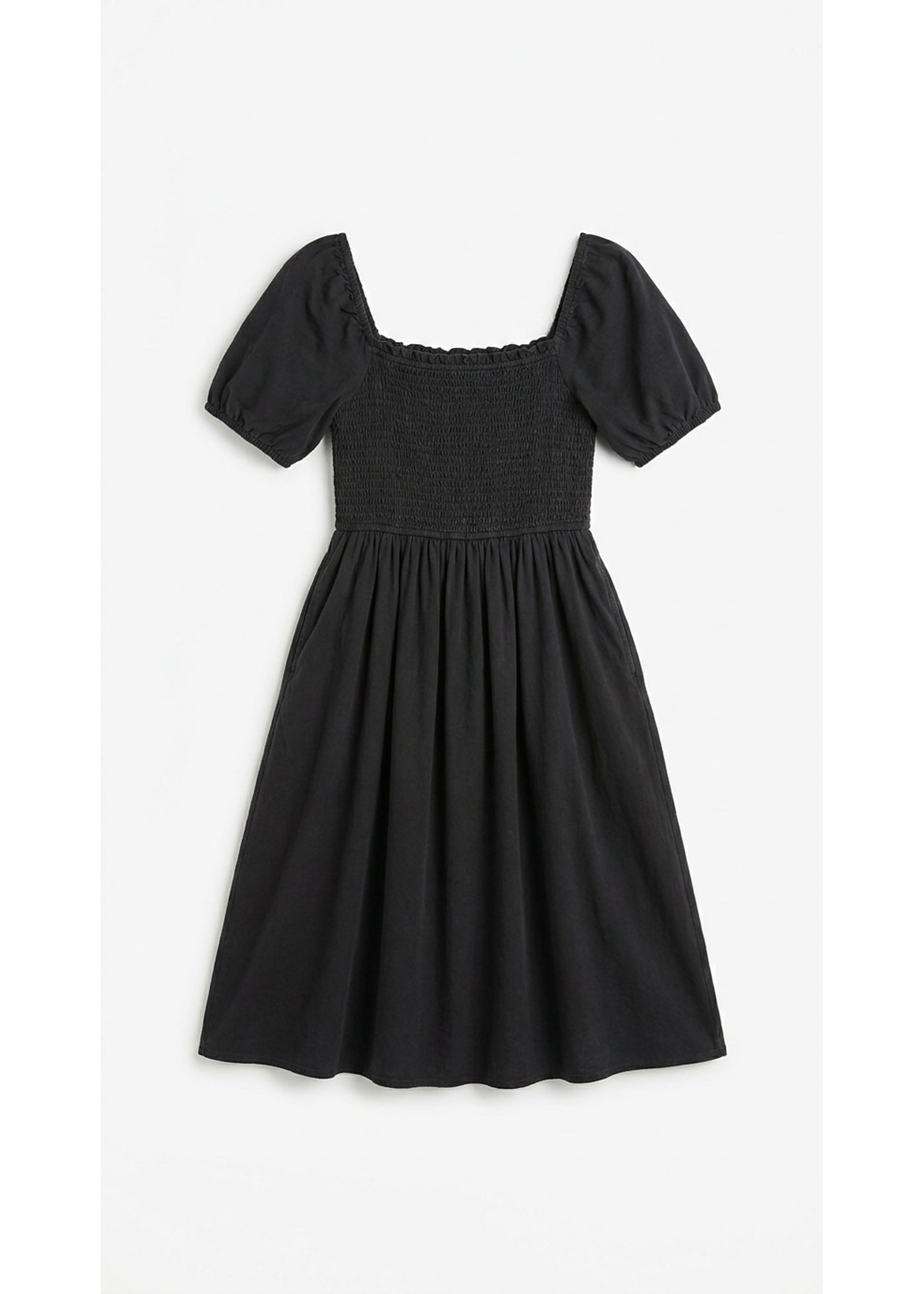 Smocked Short Sleeve Maternity Midi Dress in Cotton/Linen in Black — flat lay
