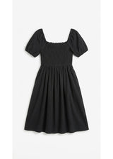 Smocked Short Sleeve Maternity Midi Dress in Cotton/Linen in Black — flat lay