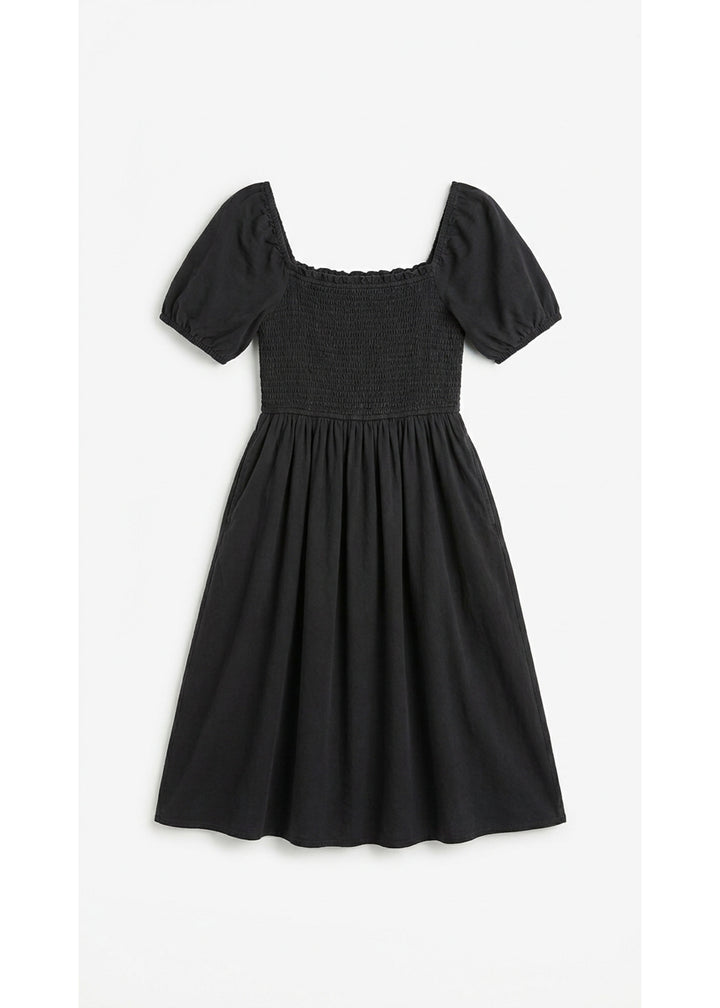 Smocked Short Sleeve Maternity Midi Dress in Cotton/Linen in Black — flat lay