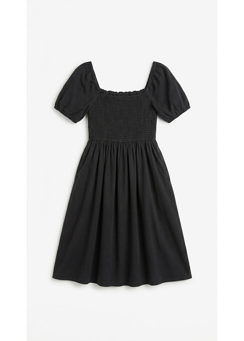 Smocked Short Sleeve Maternity Midi Dress in Cotton/Linen in Black — flat lay