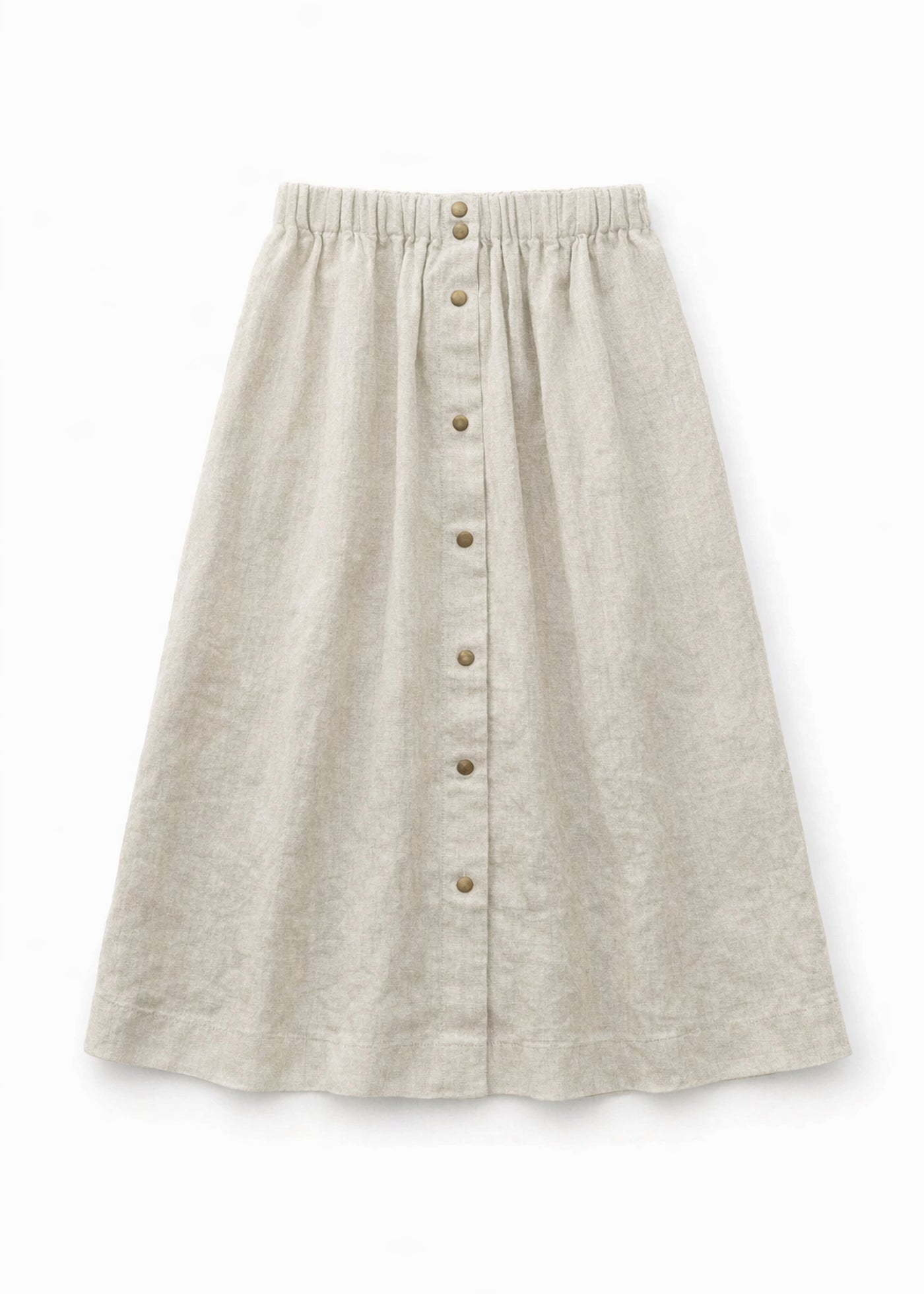 Brass-Snap Gathered A-Line Linen Midi Skirt in Linen in Natural — flat lay